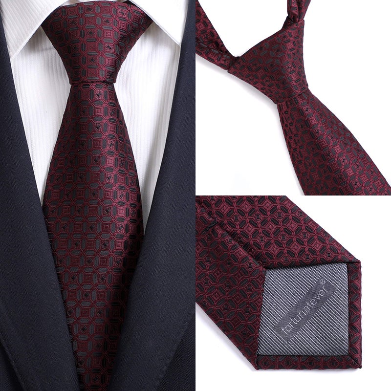 fortunatever Burgundy Men's Handmade Ties,Checkered Pattern Neckties With Black Dots(58") - Image 3